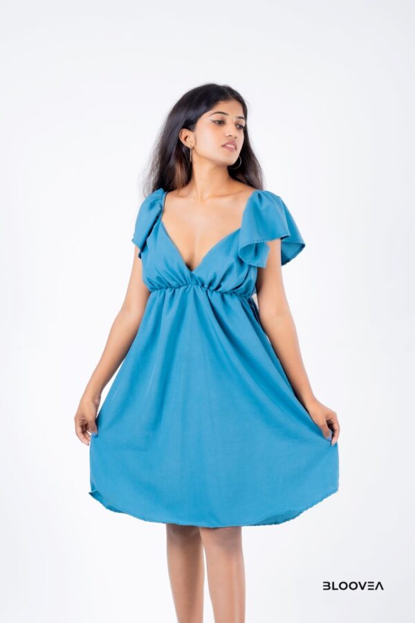 Deep neck short frock with ruffel sleeve