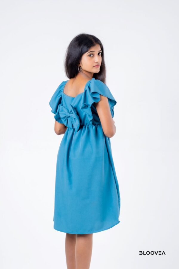 Deep neck short frock with ruffel sleeve