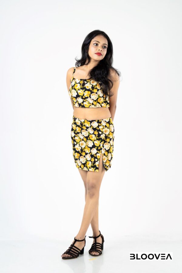 Yellow flower printed skirt and croptop