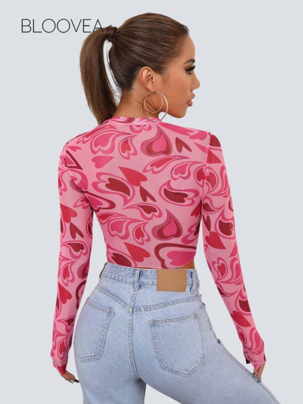 ICON Heart Print Stand Collar Sheer Heart Tights Top