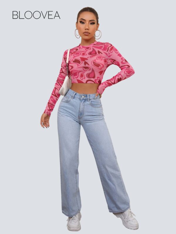 ICON Heart Print Stand Collar Sheer Heart Tights Top