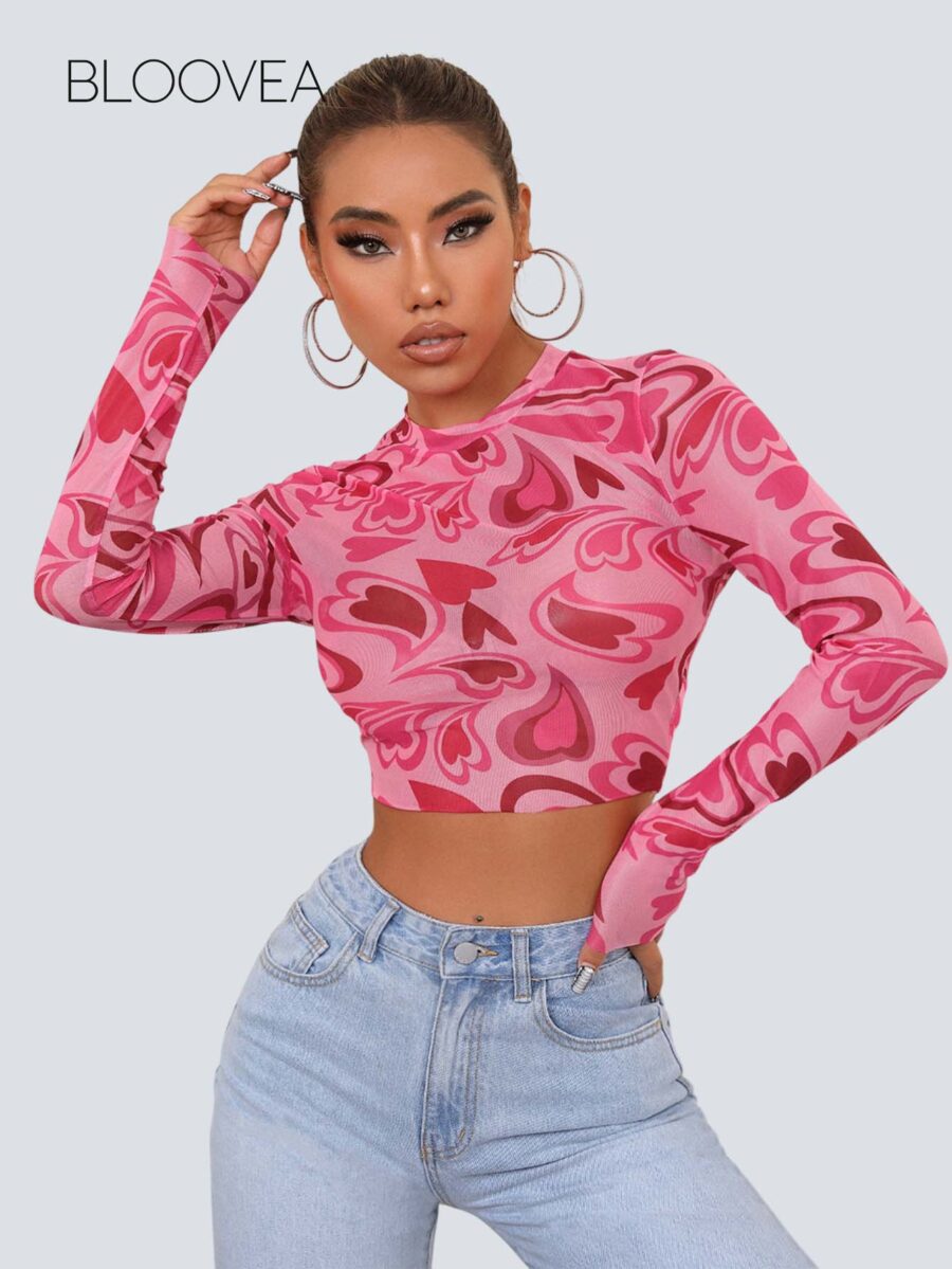 ICON Heart Print Stand Collar Sheer Heart Tights Top