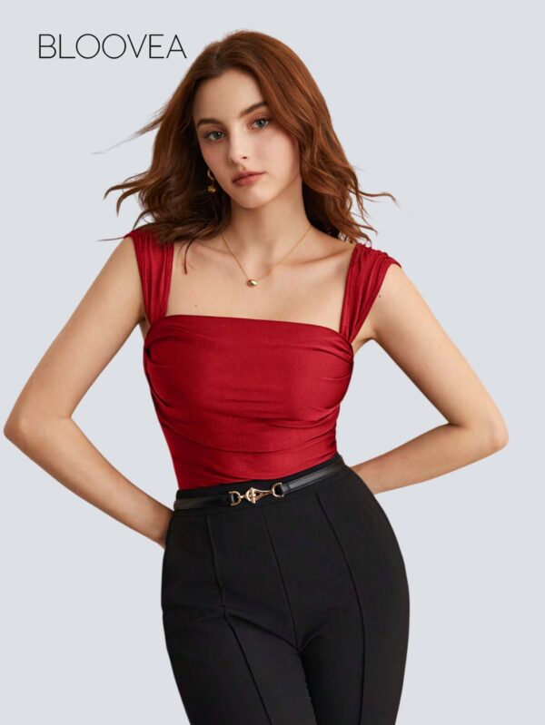 Women's Casual Solid Color Pleated Slim Fit Wide Strap Camisole