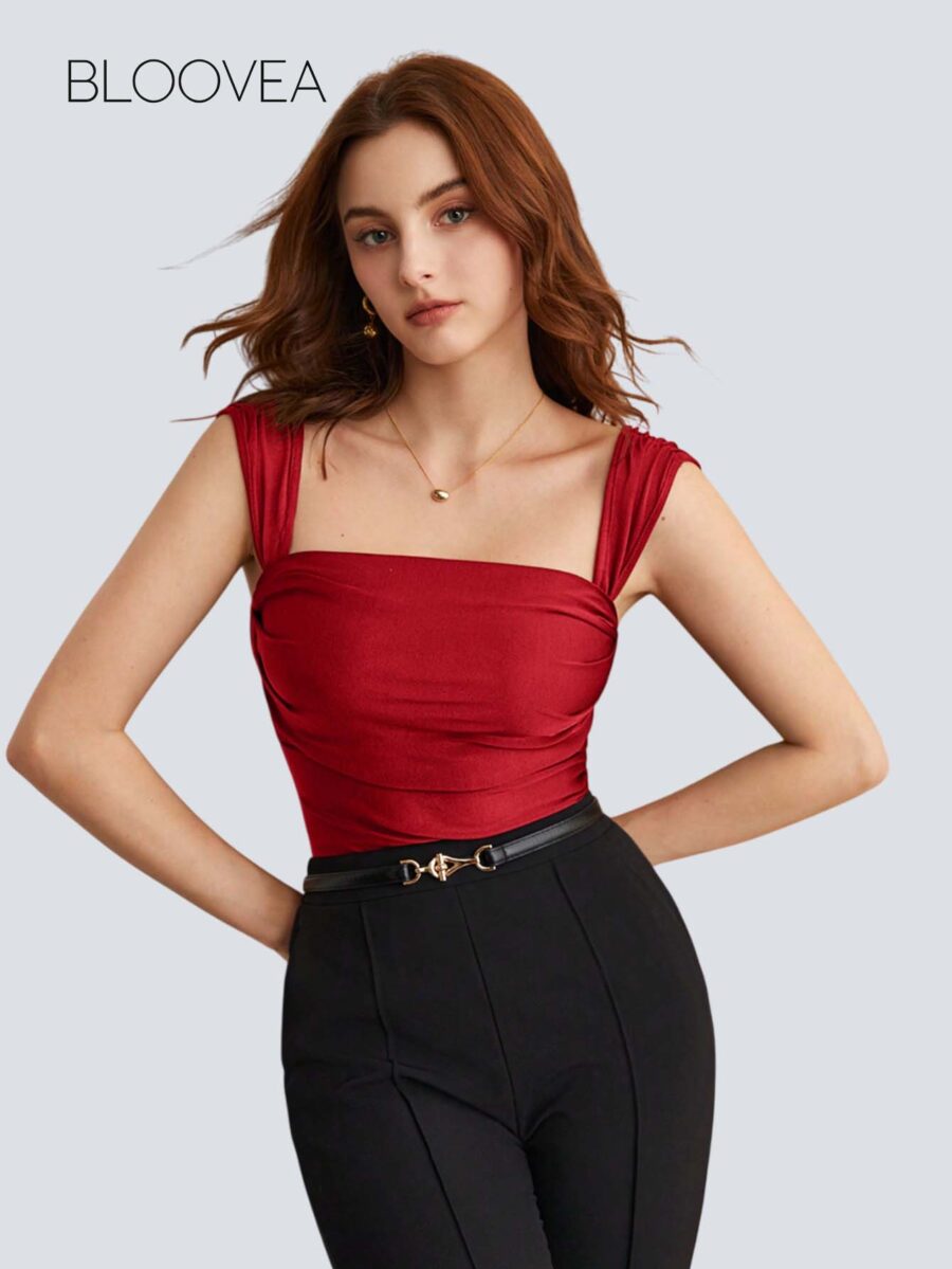 Women's Casual Solid Color Pleated Slim Fit Wide Strap Camisole
