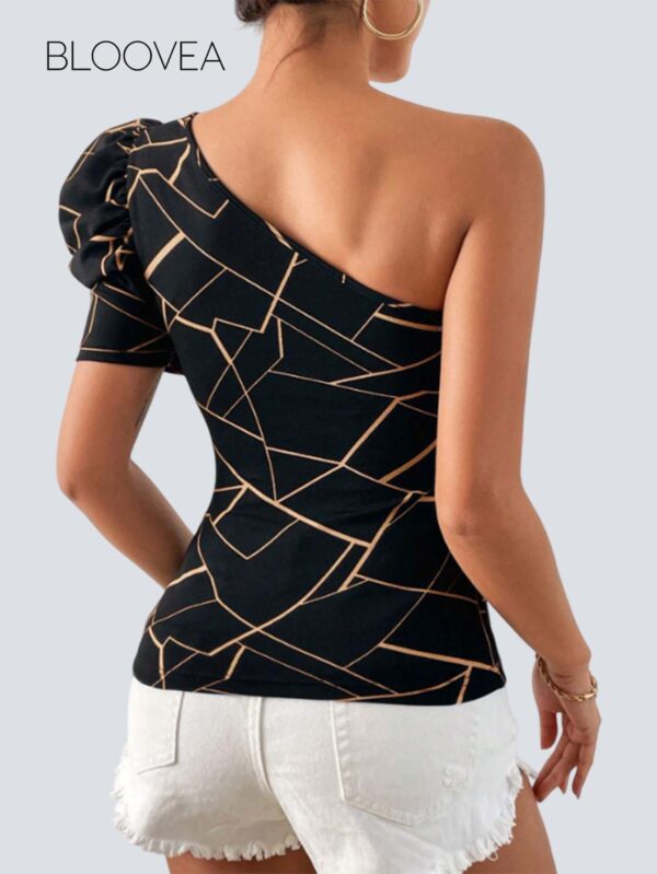 Print One Shoulder Puff Sleeve Tee