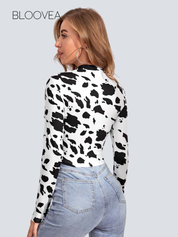 Privé Mock Neck Cut Out Front Cow Pattern Top
