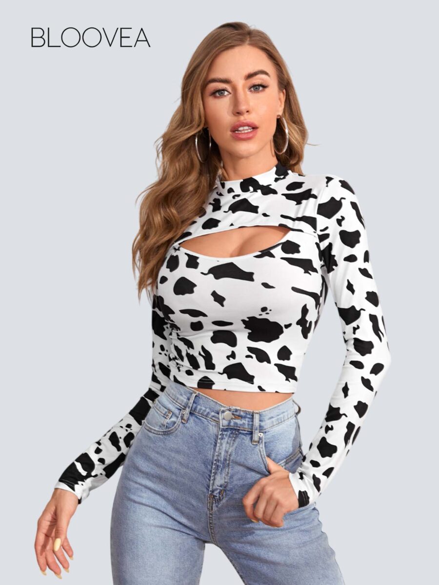 Privé Mock Neck Cut Out Front Cow Pattern Top