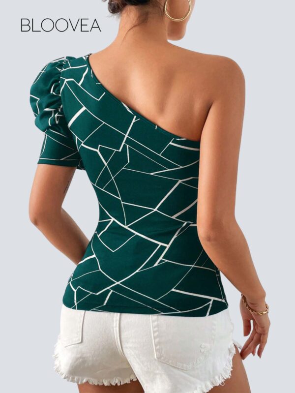Print One Shoulder Puff Sleeve Tee