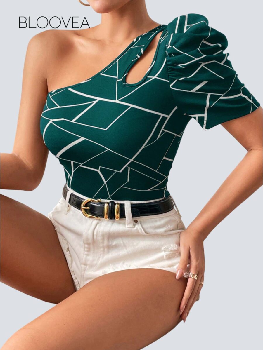 Print One Shoulder Puff Sleeve Tee