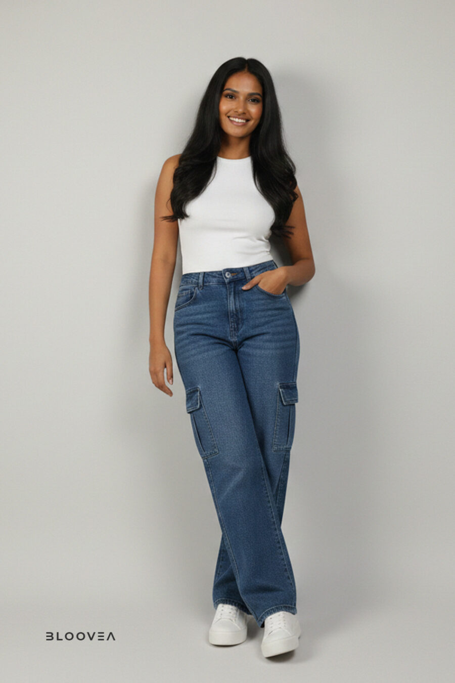 Bloovea Women's Cargo Jeans Dark Blue